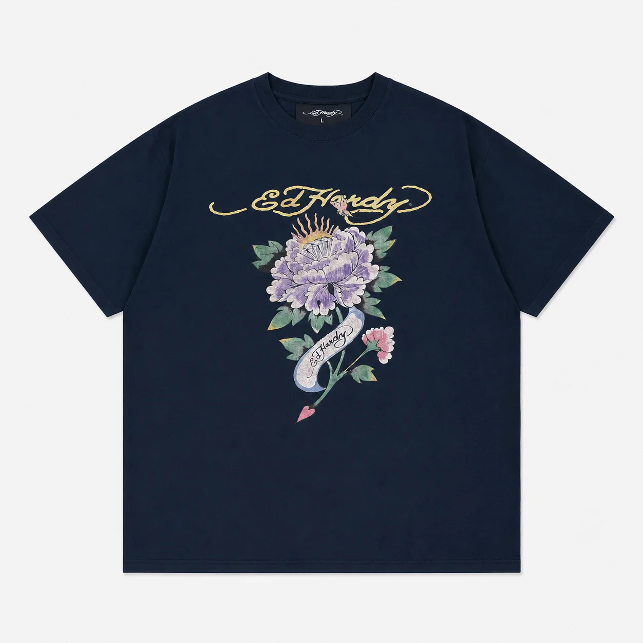 Ed Hardy Lila Pfingstrosenblüten-Herz-Pfeil-Banner-Print T-Shirt Unisex Locker Geschnitten Übergroß Harajuku Streetwear Baumwolle Sommer Grafik – Detail 6