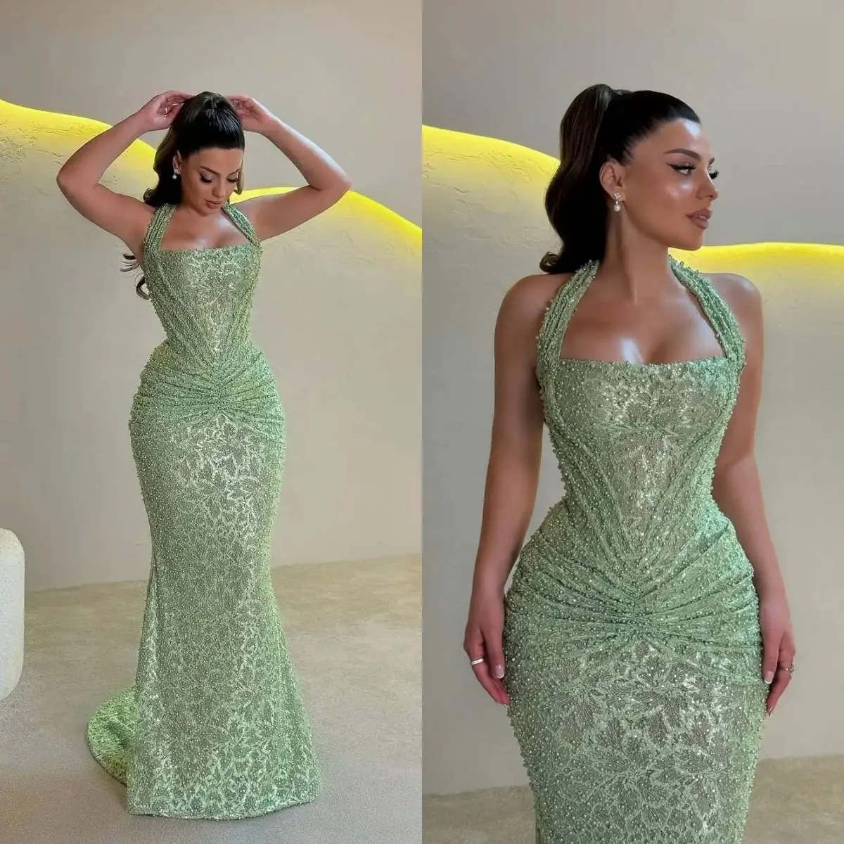 

Elegant Mint Green Sexy Strap Evening Dress Luxury Sleeveless Lace Bead Ball Dress Wedding Party Dress Customized