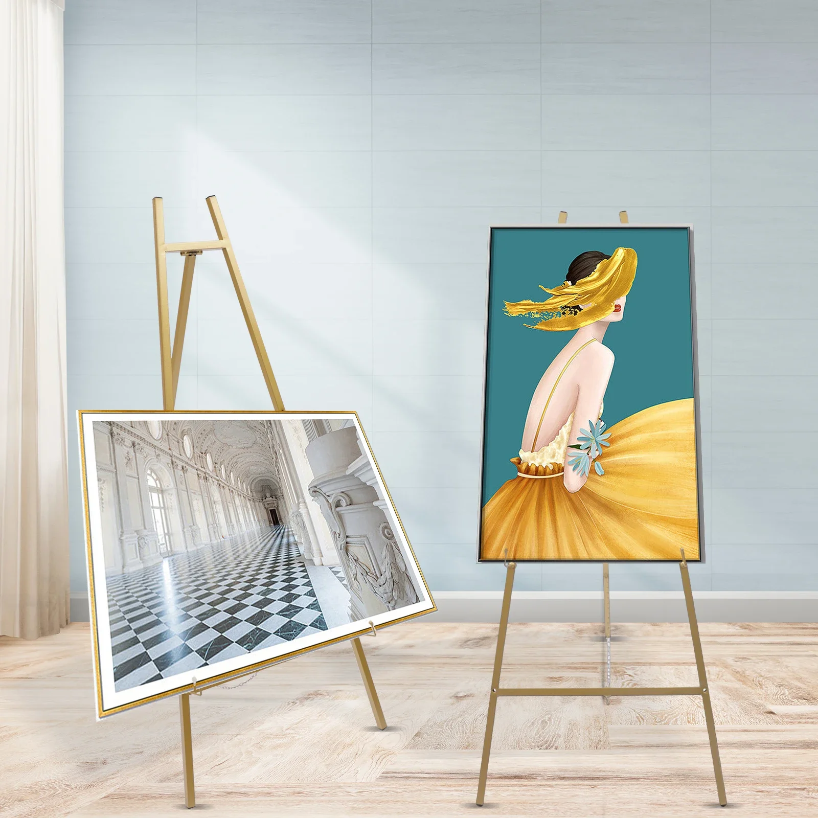 

2Pcs Gold Foldable Floor Easel Tall Steel Pipe Shops Display Rack Drawing Poster For Wedding PatyDisplay Stand