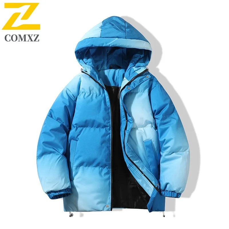 COMXZ 2025 Winter Men's Gradient Hooded Parka Coat Loose Fit Plus Size Thickened Streetwear Trendy Unisex Top Outwear