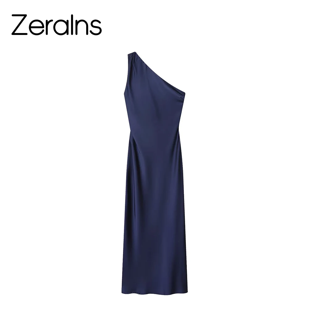 ZERAINS European and American style new women's slim and versatile dress with a silk satin texture and a MIDI long style