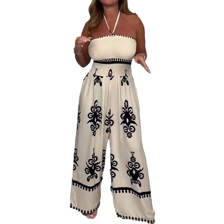 

jumpsuits woman elegant for spring Fashion Lady Printed Off Shoulder Loose Strapless High Waist Corset Wide Leg Pants Overalls