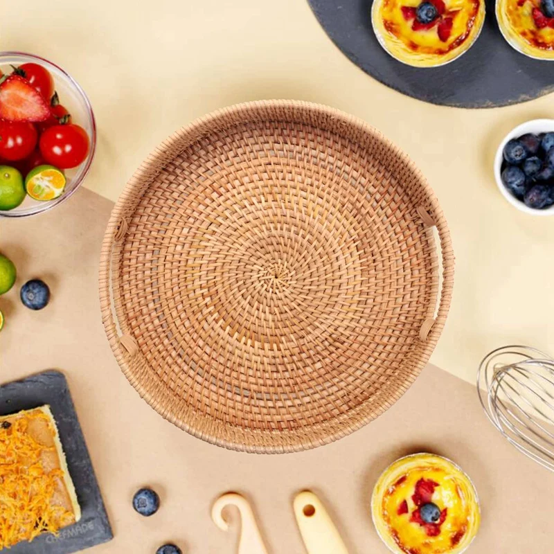 3X Round Rattan Woven Serving Tray With Handles Ottoman Tray For Breakfast, Drinks, Snack For Coffee Table Decorative