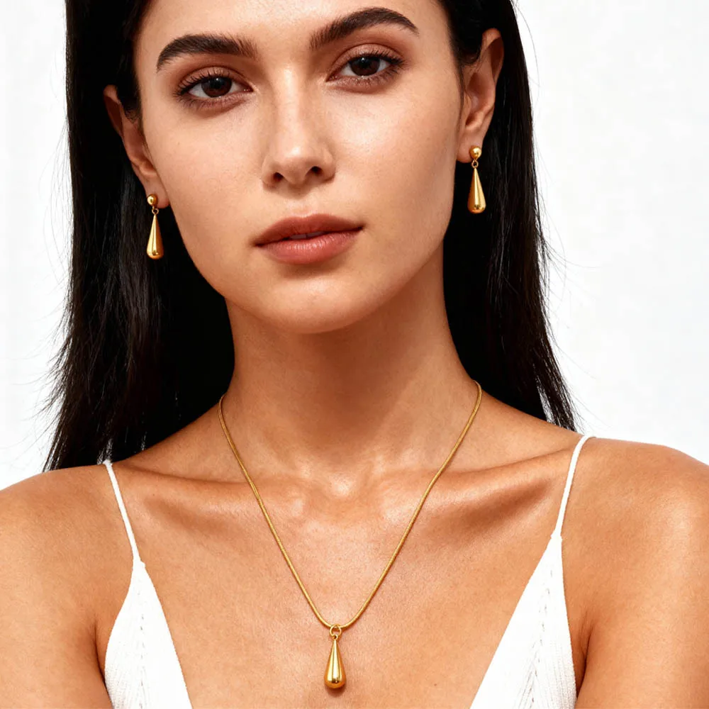 

Tear Drop Pendant Necklace Earrings Jewelry Sets for Women, Stainless Steel 18k Gold Plated Waterdrop Hypoallergenic Jewelry