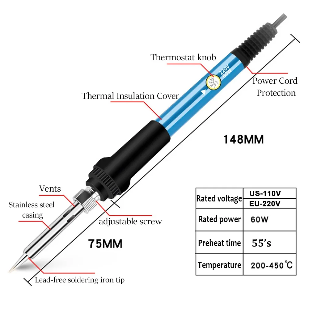 60W 조절 가능한 온도 전기 납땜 인두 EU 220V / ☆ 미국 플러그는 110V입니다. ☆ 수리용 용접 철 DIY 썸네일 5
