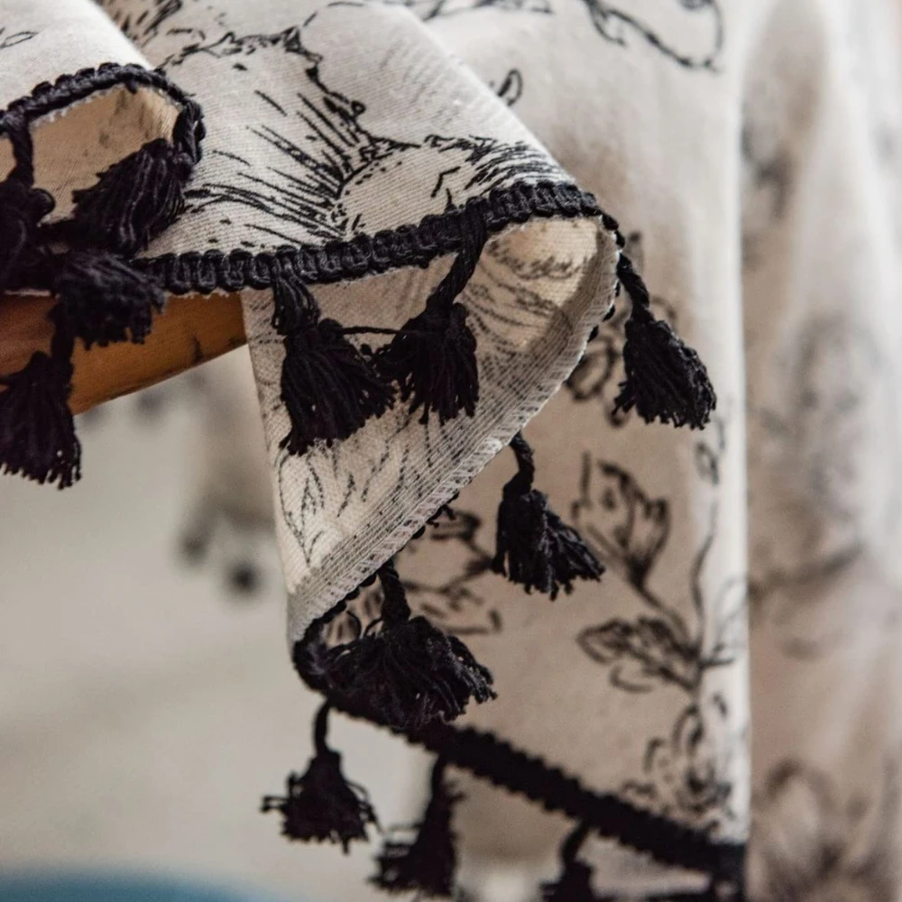 مفرش طاولة من القطن والكتان مفرش طاولة مستدير مزين بالزهور مع شرابات قابل للغسل للمطاعم والنزهات وغطاء الطاولة الداخلي لتزيين المنزل #2