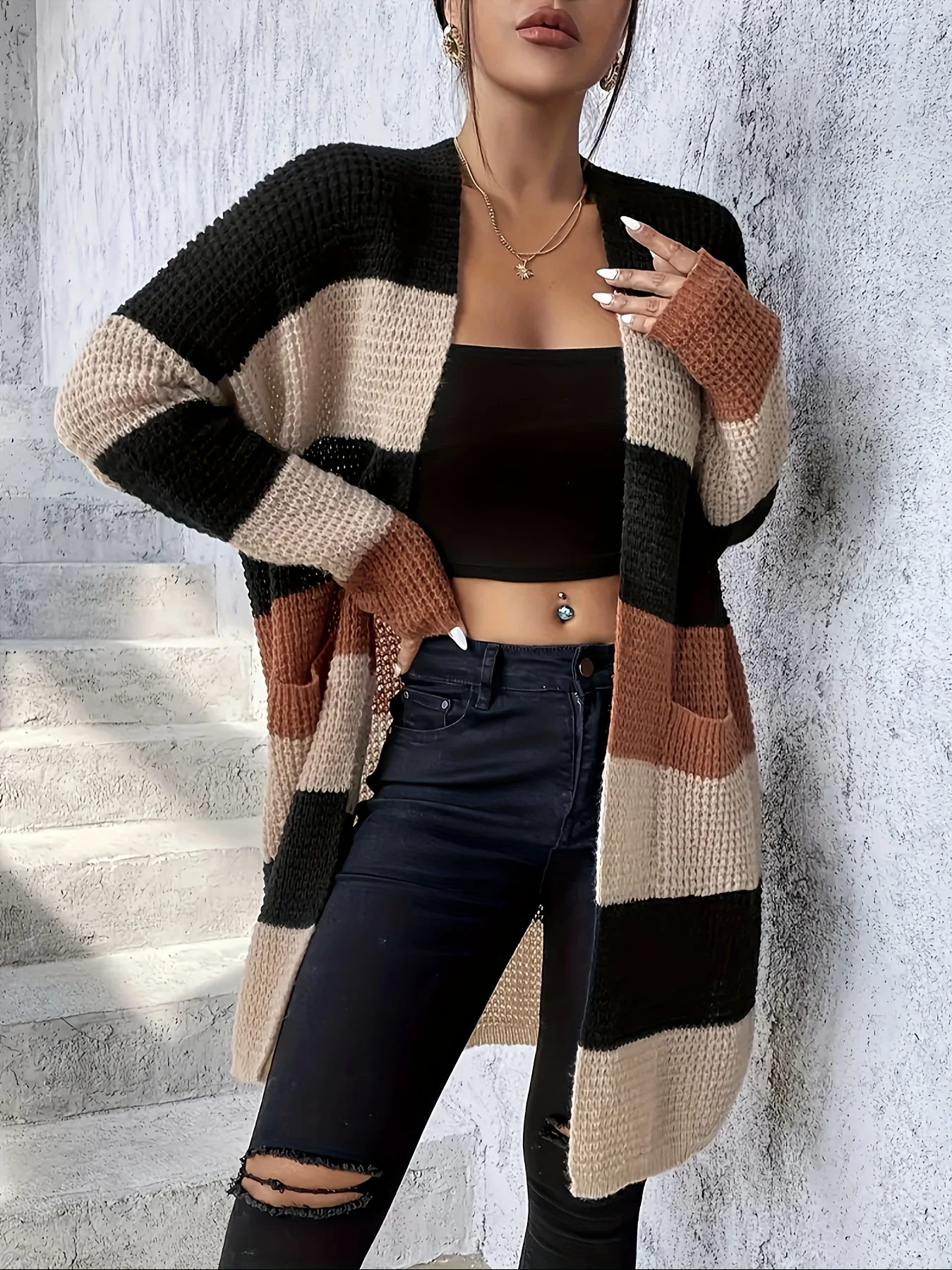 Autumn and winter fashionable color-blocking knitted cardigan sweater for women