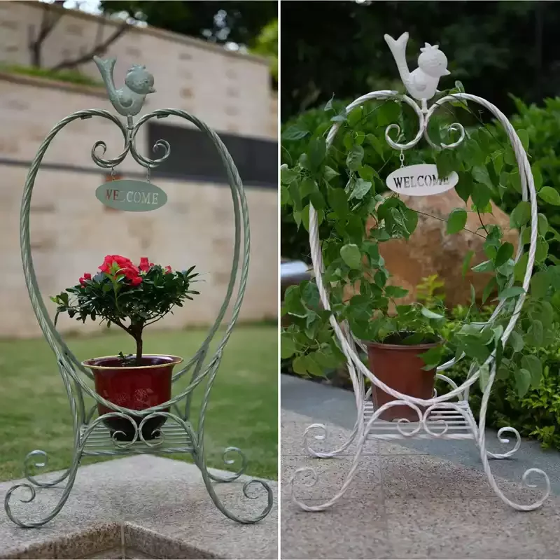 Vintage Iron Bird Flower Stand Rustic Metal Planter Holder for Balcony Indoor Outdoor Garden Display Rack for Potted Plants