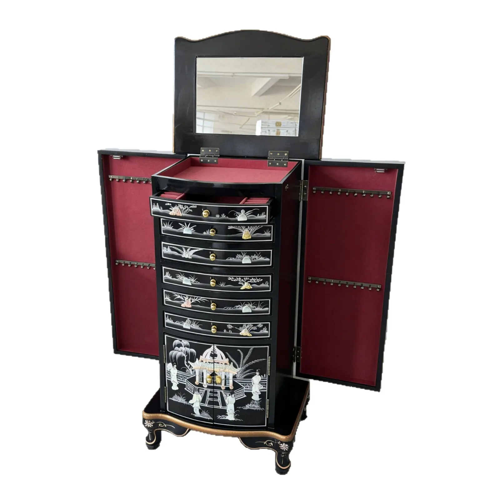 YJQ shell painted jewelry cabinet high-end bucket cabinet flip folding mirror classical decorative cabinet