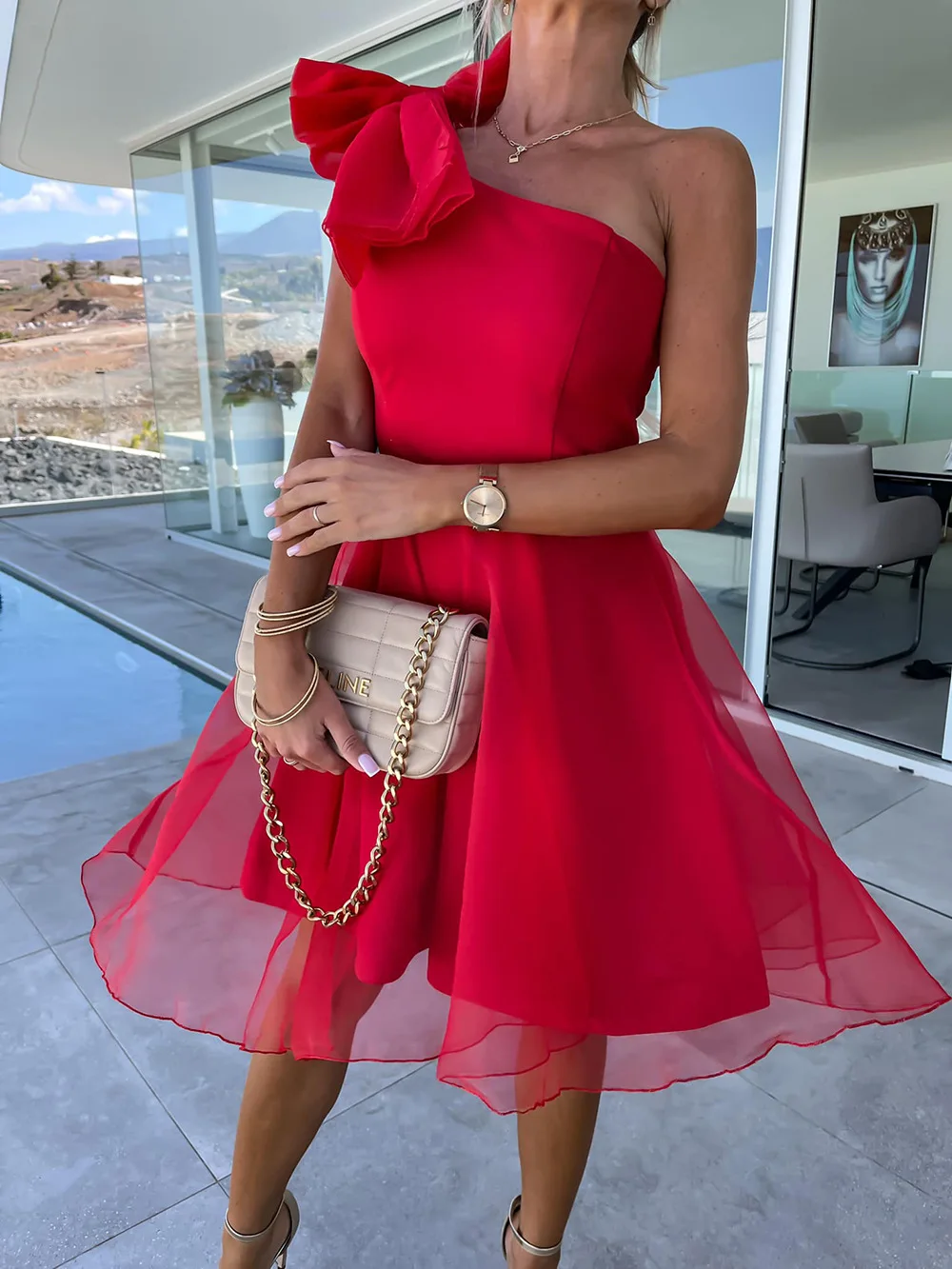 

Party Dress Women Single Shoulder Sleeveless Mesh Stitching Dress High Waist A-line Slim Fits Solid Color Maxi Sexy Dresses