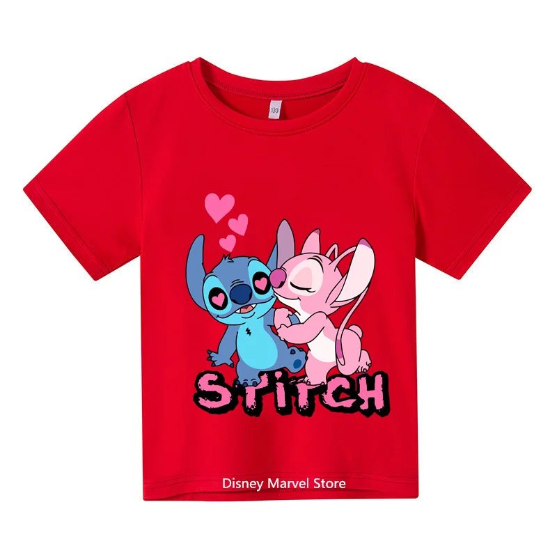 

2024 Summer New White T-shirt Student Kids Harajuku Top Lilo & Stitch Kawaii patterned men's and Women's T-shirts drop stylish o