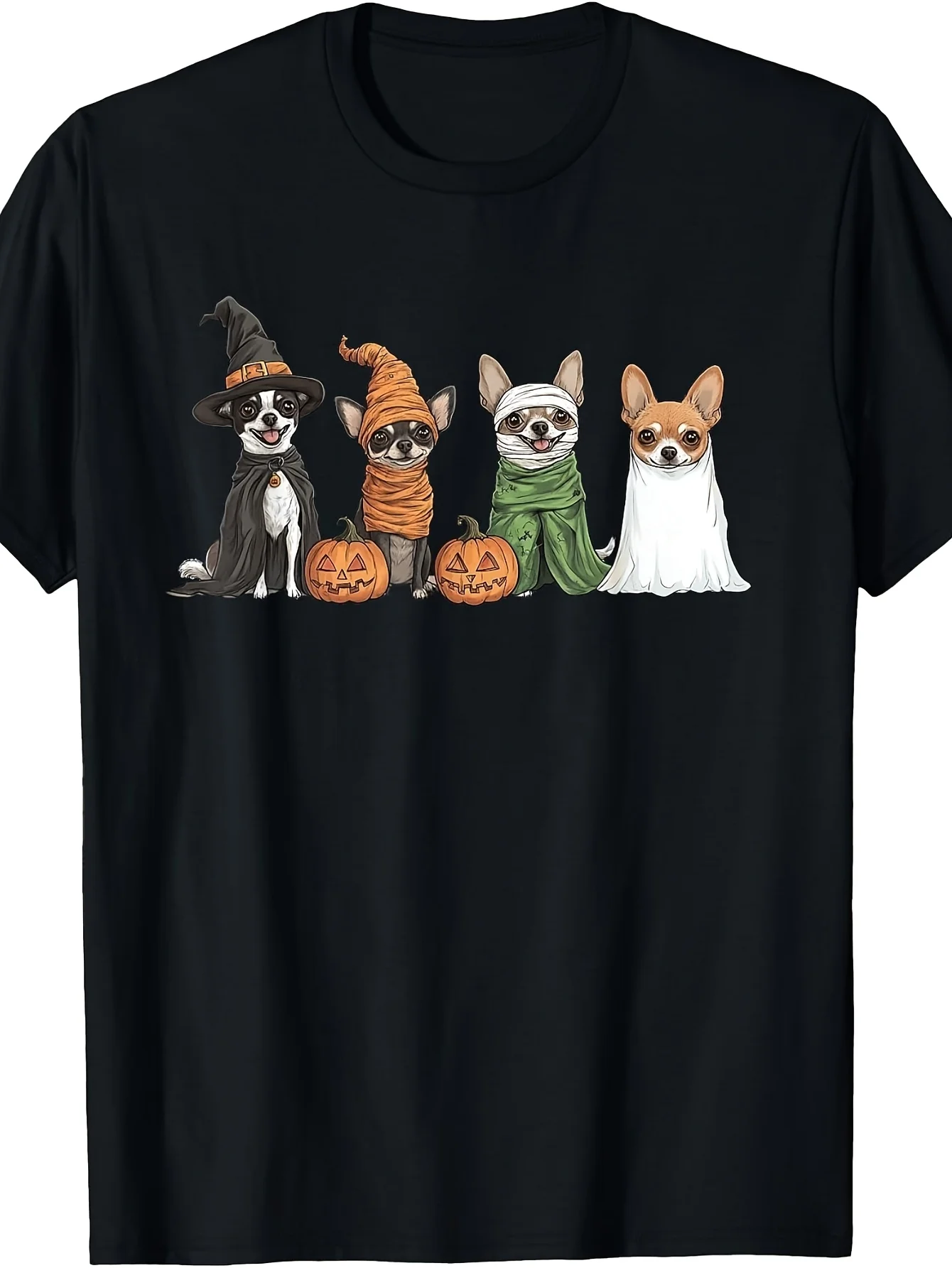 Cute Small Bulldog Halloween Costume, Men's and Women's T-Shirts, Fun Witch Mummy Ghost Dog Costume, Fall Party Season Decoration, Pumpkin Design