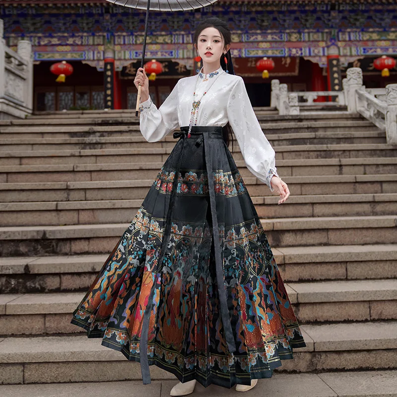 New Chinese Jacquard Stand up Collar Improved Embroidered Top One Piece Oversized Makeup Flower Weaving Gold Horse Face Skirt Se