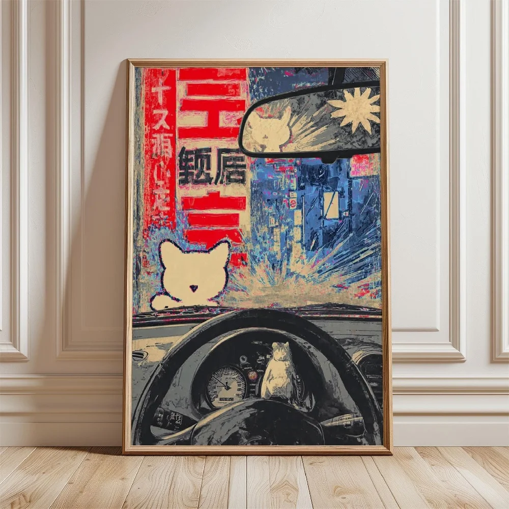 Retro Cat Theme DJ Vinyl Records Music Player Origami Cranes Canvas Painting Wall Art Poster Picture Home Decor Mural Cuadros
