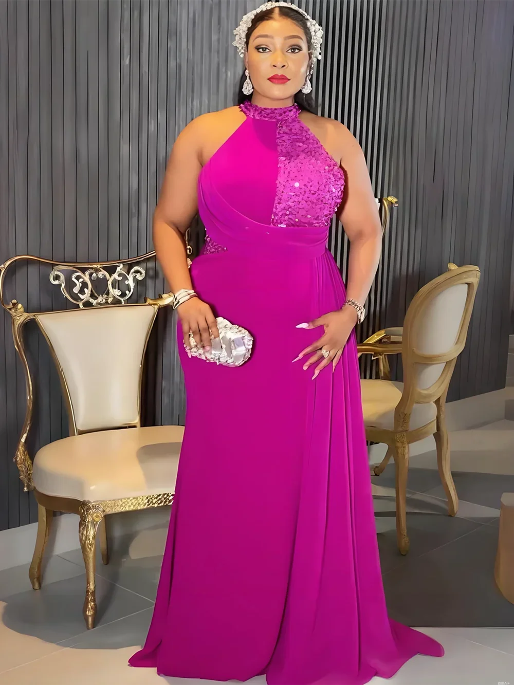 

Plus Size African Party Dresses for Women 2025 New Fashion Dashiki Sequin Wedding Evening Gown Elegant Outfits Muslim Maxi Dress