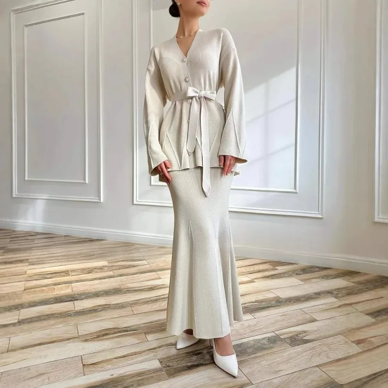 2025 Spring New Solid Color V-neck Tie Up Waist Cardigan A-line Half Body Skirt Dress Set