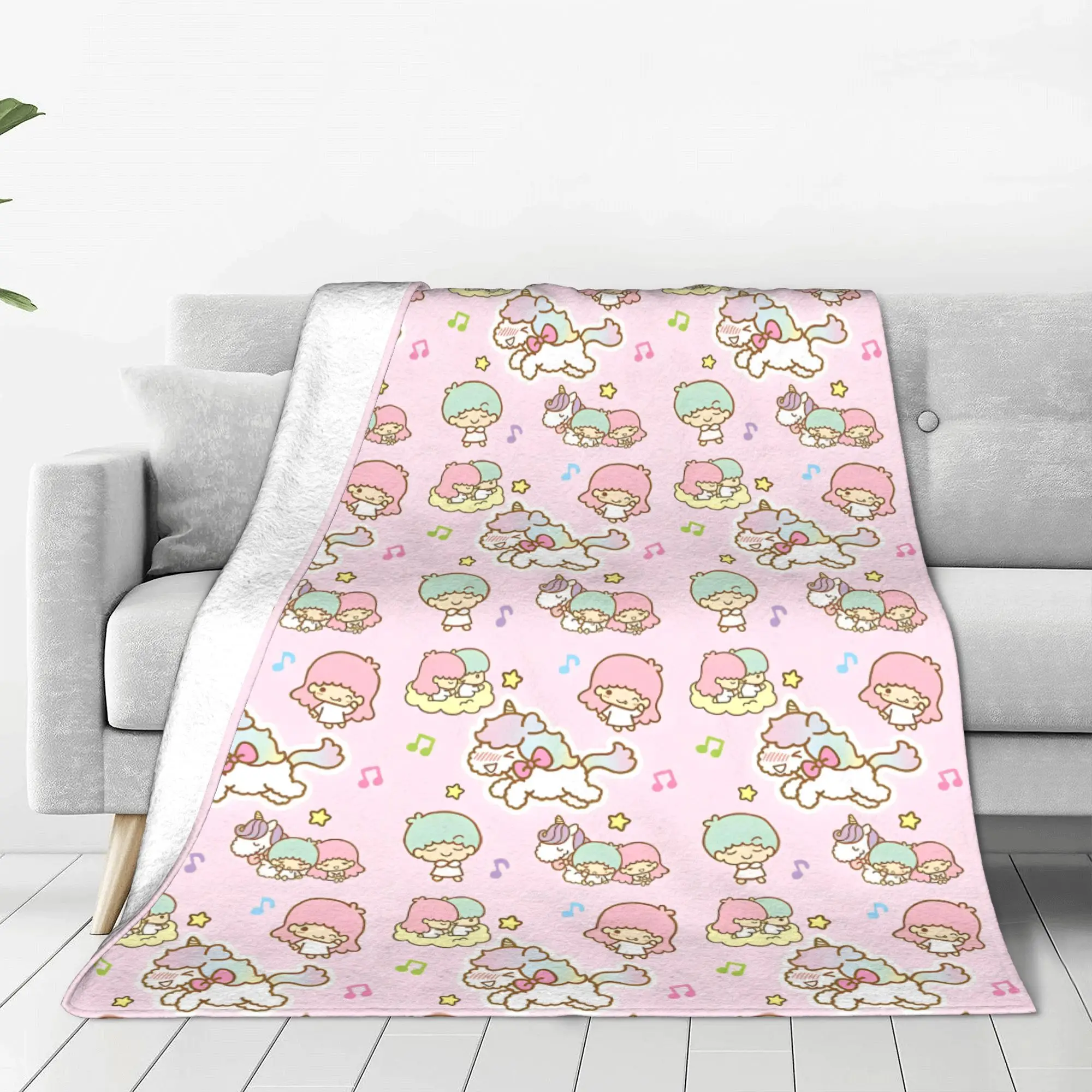 Little Twin Stars Unicorn Coral Fleece Plush Throw Blankets Cartoon Kiki Lala Blankets for Sofa Bedroom Soft Rug Piece Portable