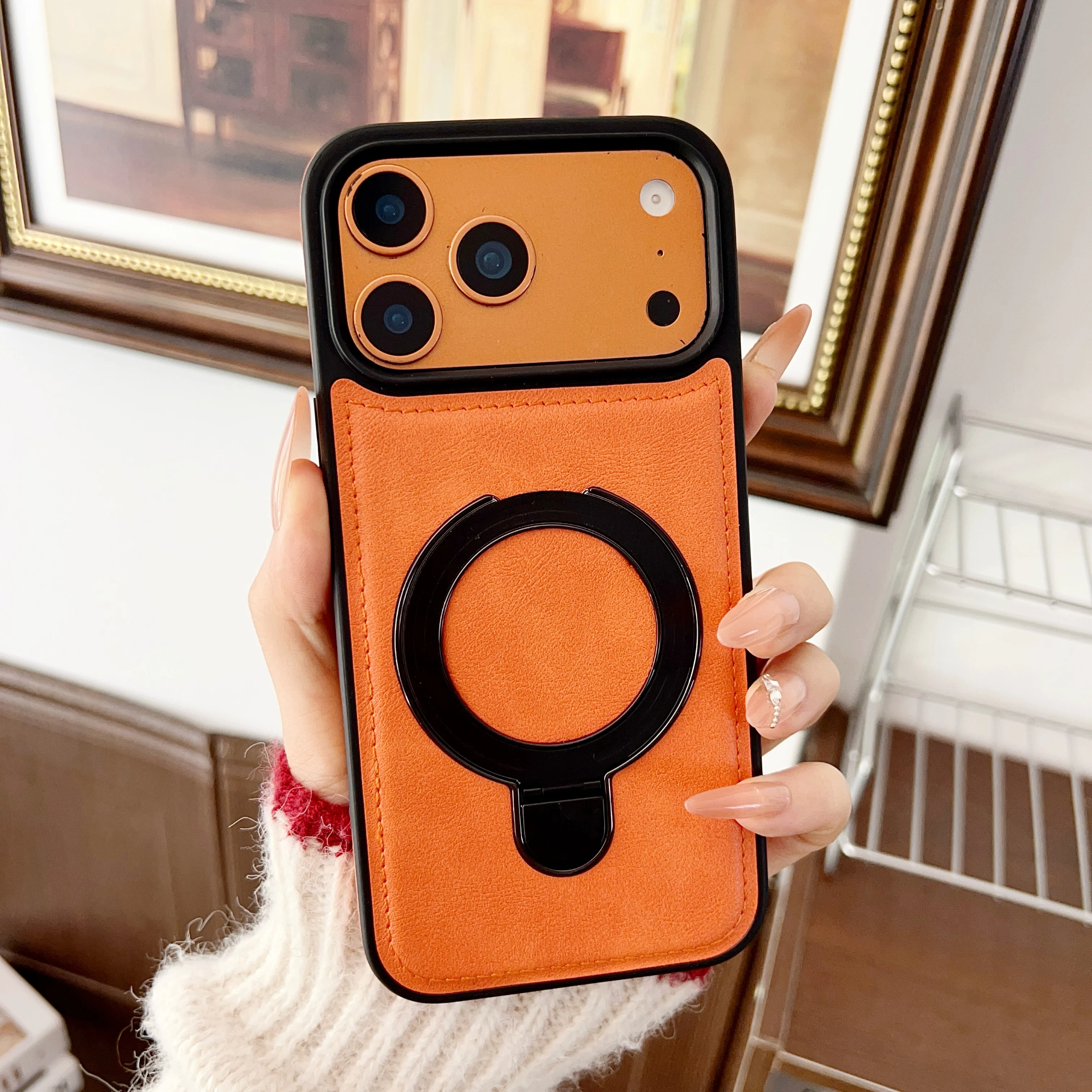 

invisable Bracket Magnetic Leather Case For iPhone 17 Pro Max 16 Plus 15 14 13 Shockproof Skin Feel kickstand For Magsafe Cover