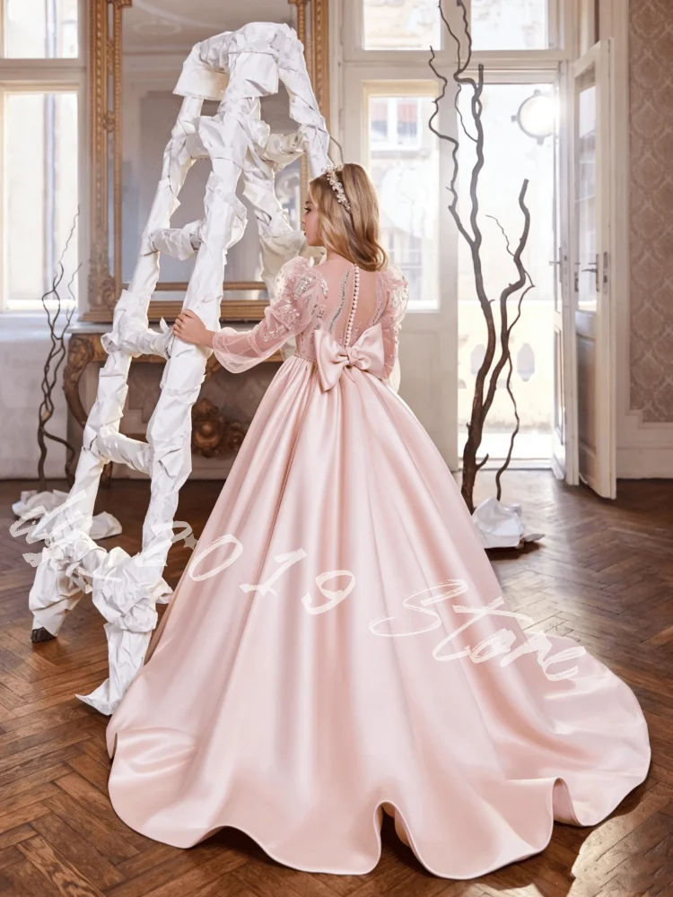 Luxury Pink Satin Flower Girl Dress Sheer Sleeve Hand mbroidery Back Big Bow With Train For Kids Wedding Photoshoot Pageant