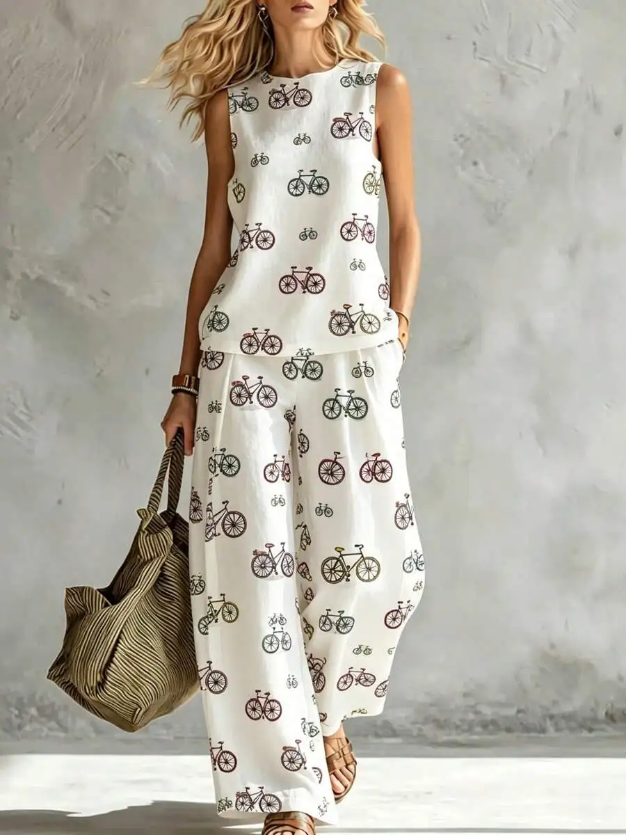 

Womens Casual Bicycle Print Tank Top And Wide Leg Pants Two-Piece Set