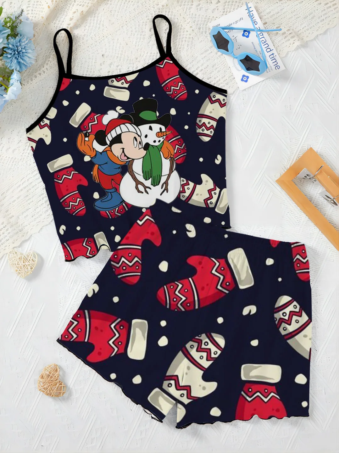 Camiseta de Minnie Mouse de Disney, vestido para casa, conjuntos cortos para mujer, traje de 2 piezas para mujer, falda de pijama, Top, adorno de lechuga, Navidad de Disney