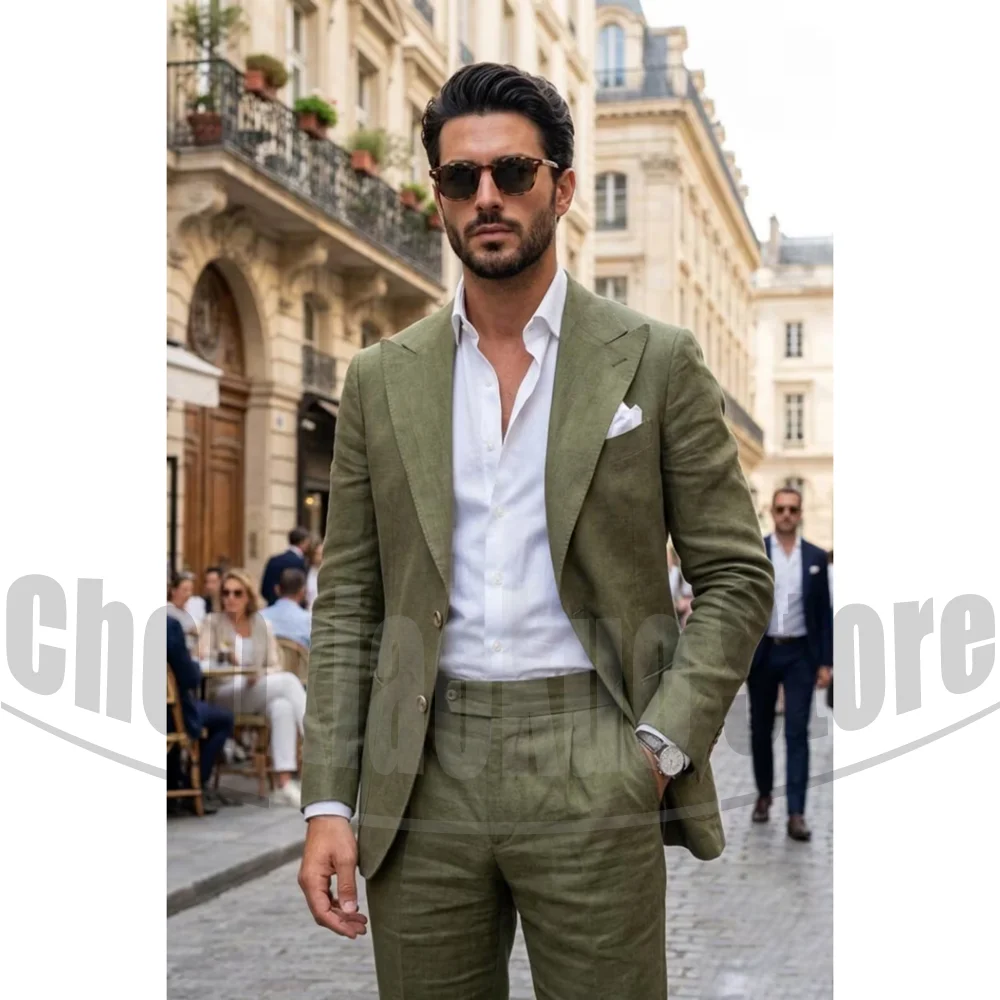 Street Fashion Style Male - ชุดสูทผู้ชายผ้าลินิน 2 ชิ้น แฟชั่นปกแหลม กางเกงขายาว สไตล์สตรีท