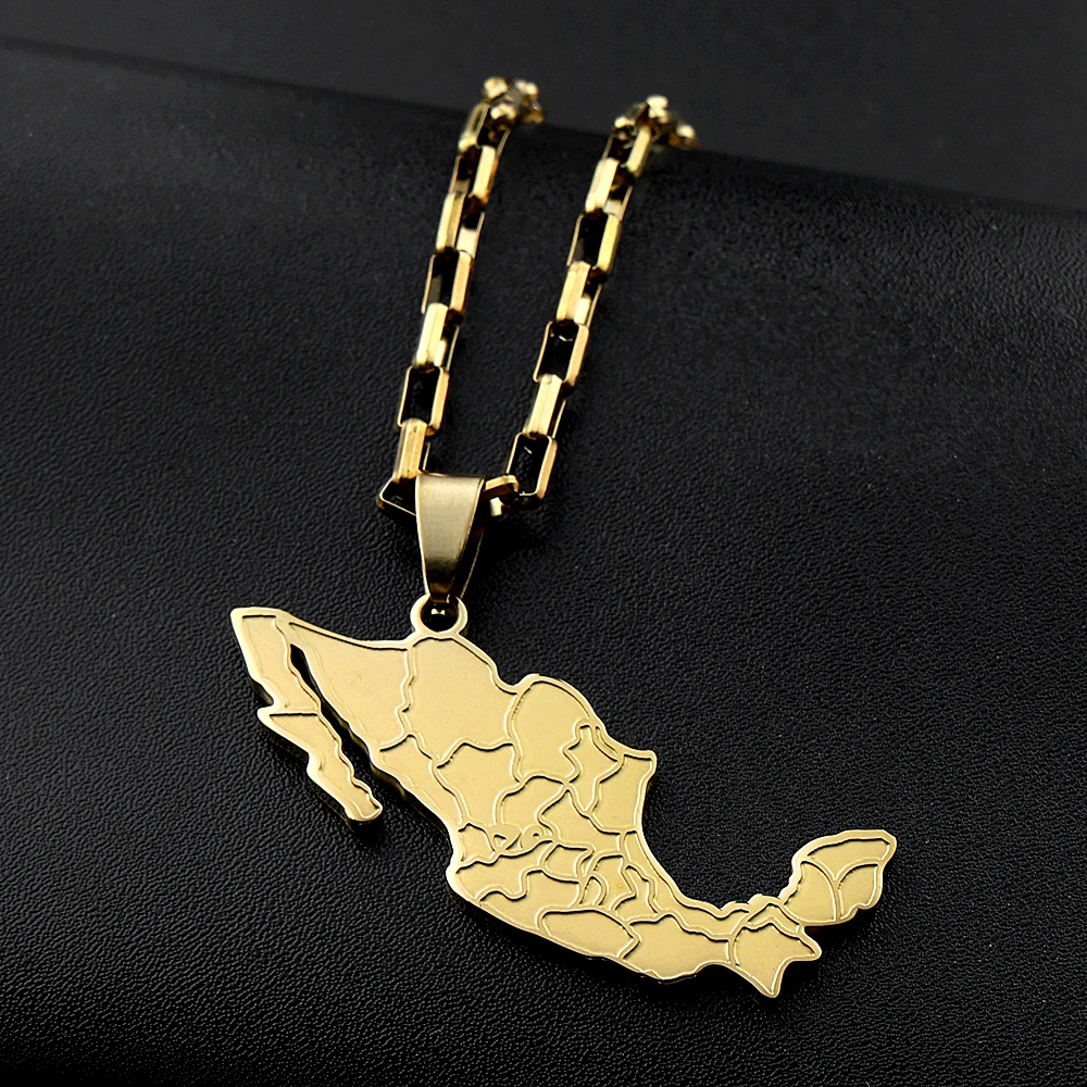 Mexico Map State Boundary Pendant Necklace for Men Women Stainless Steel Gold Color National Mexican Geography Chain Jewelry