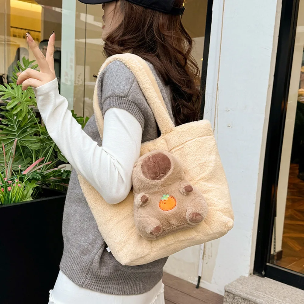 Daily Cartoon Doll Capybara Handbag Korean Style Magnetic Buckle Plush Tote Bag Soft Cute Shoulder Bag Lady