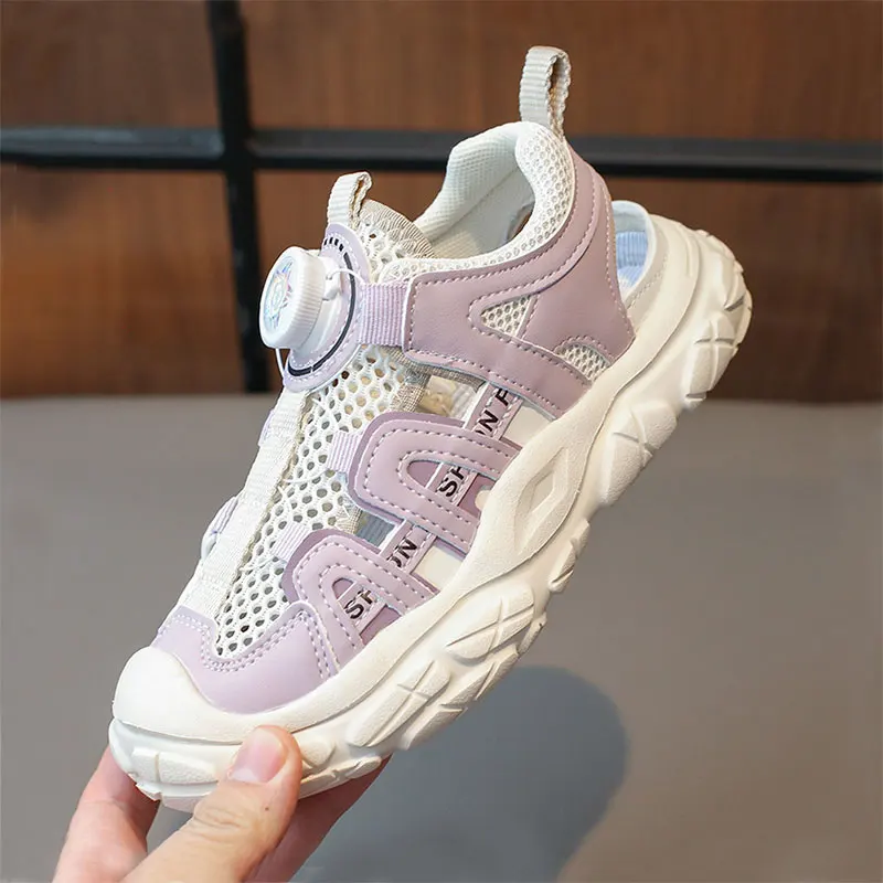 Rotate Button Mesh Shoes Girls Boy Cover Toe Sandals for Kids Summer Sneakers 2024 Big Children's Teenagers Sport Sandal 40 41