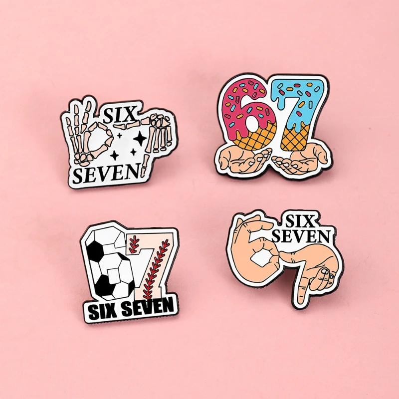 Creative Cartoon 67 Theme Skull Brooches Funny Gesture Enamel Alloy Pins Unisex Badges DIY Clothing Bags Hat T-shirt Accessories