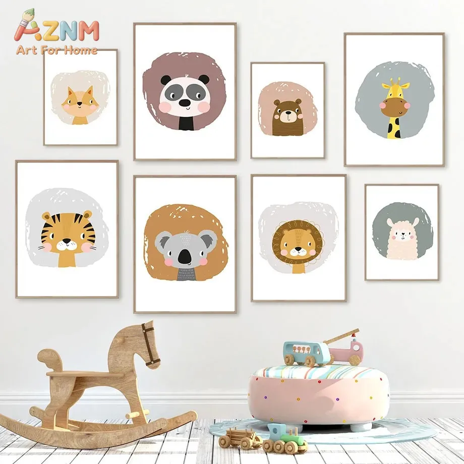 AZNM Cute Cartoon Animal Faces Fox Panda Tiger Giraffe Nursery Canvas Wall Art Print Decor