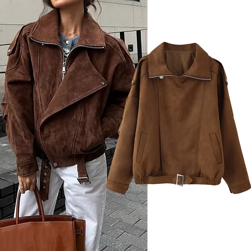 

Autumn Winter Turn-down Collar Lantern Sleeve Zipper Decoration Jacket Top Women Belt Loose Vintage Jacket Female Casual Outwear