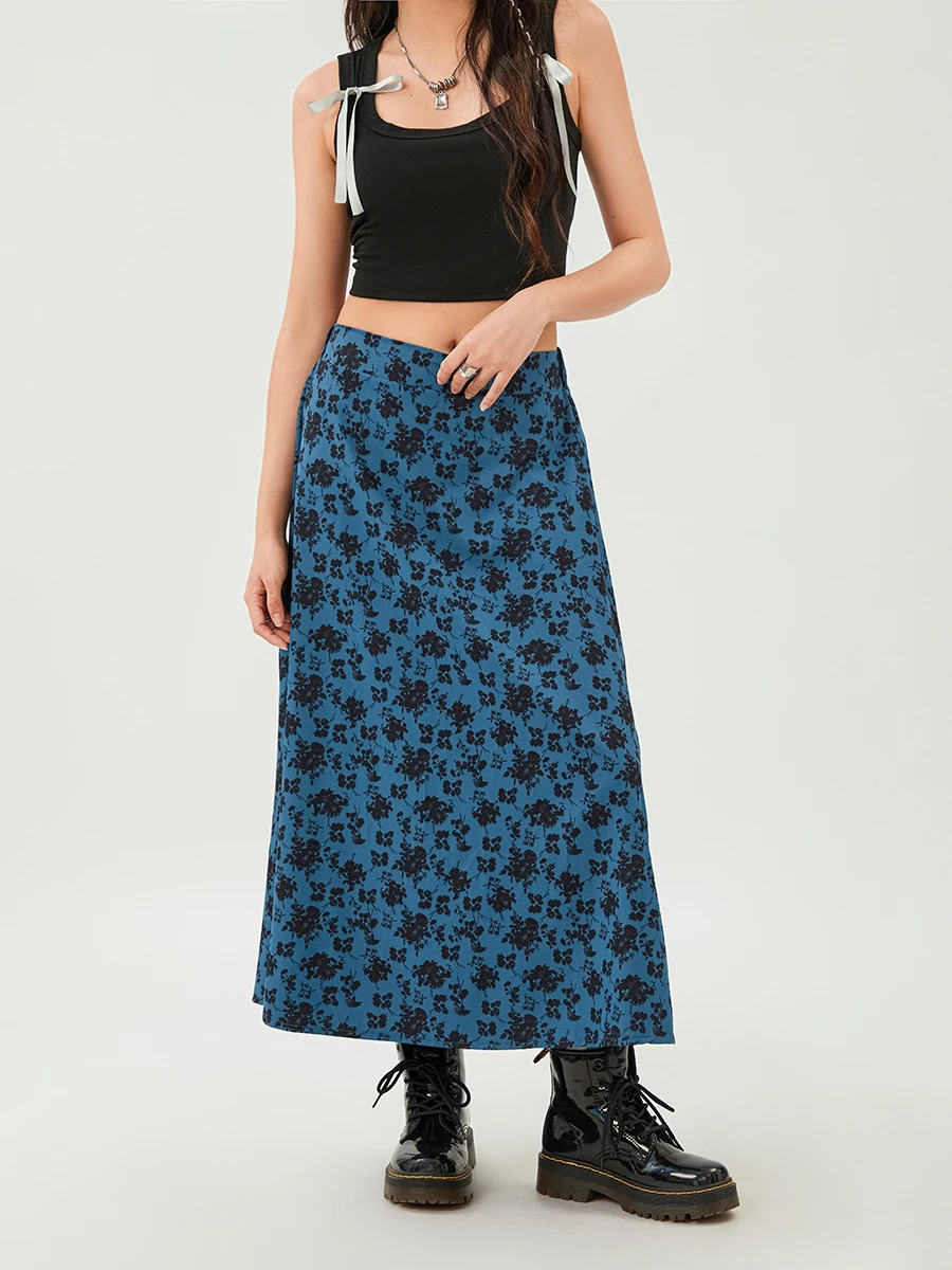 Y2k Women's Vintage Floral Print Midi Skirt Elastic High Waist Casual A-Line Skirt Harajuku Aesthetic Long Skirts for Party Club