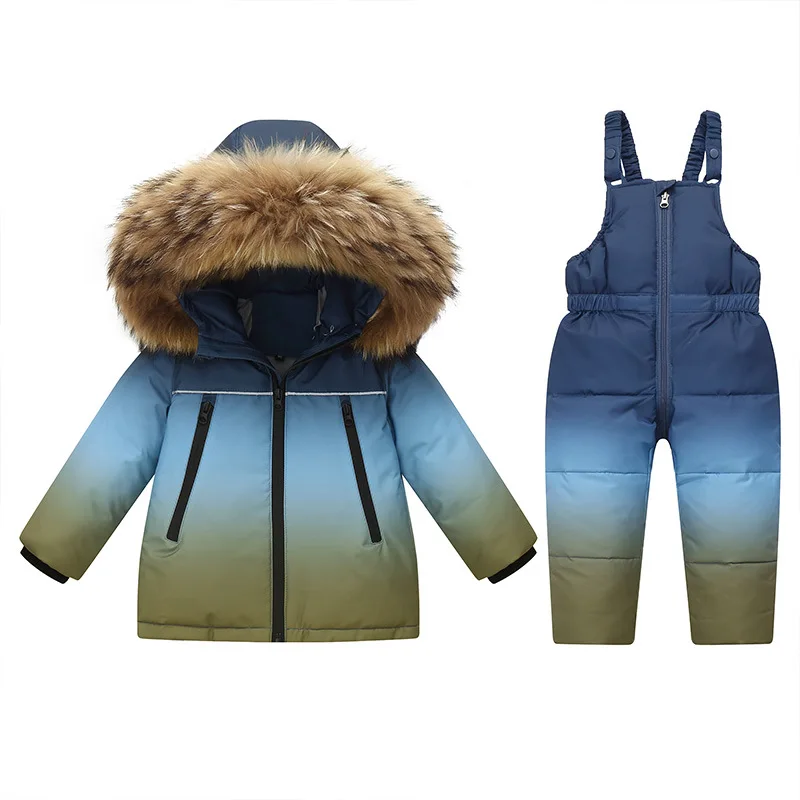 Thick Winter Jackets Jumpsuit for Kids Girls Warm Snowsuits Boy Down Coat Fur Collar Outerwear Children Ski Suits Overalls 2pcs