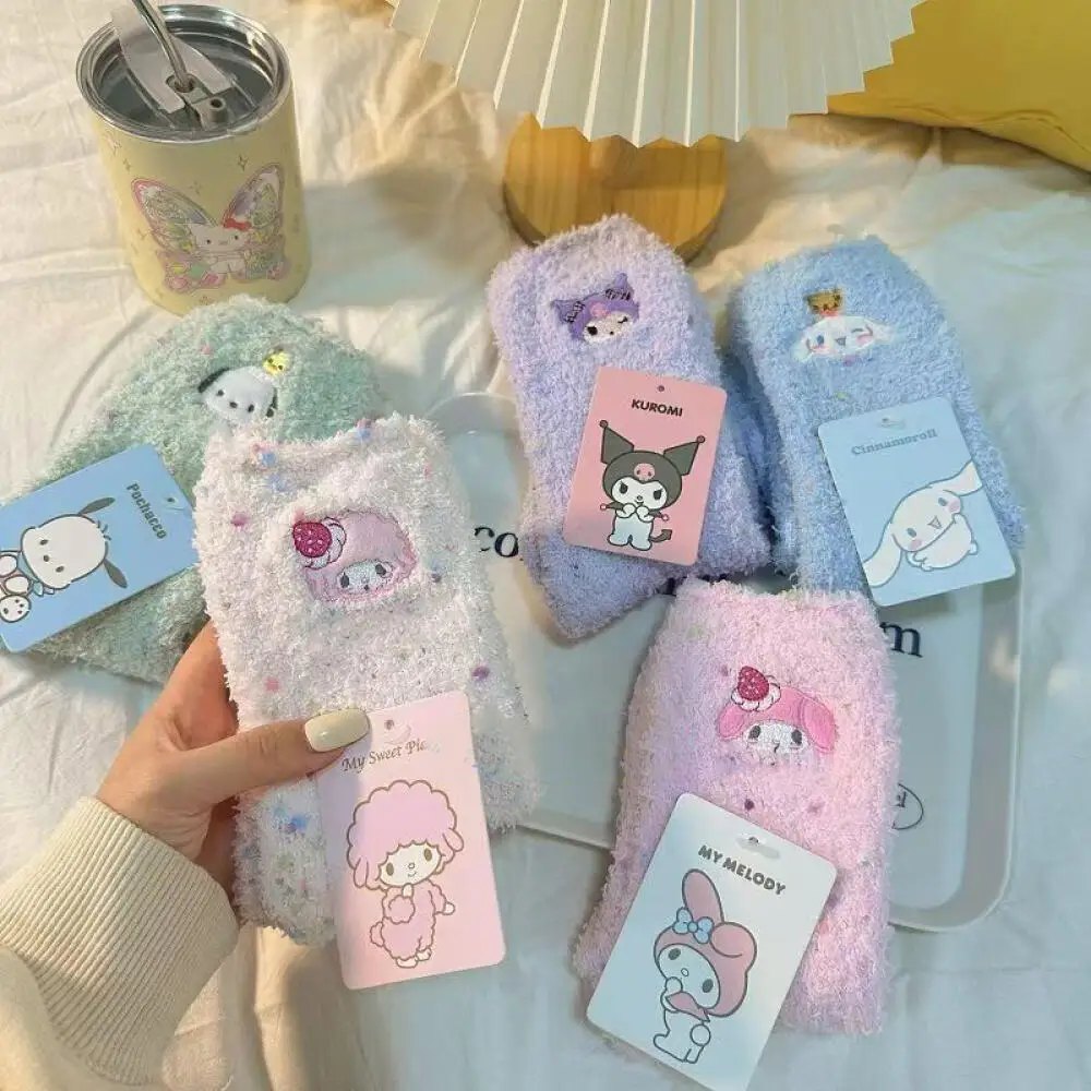 Sanrio Coral Fleece Sock Cartoon Sleeping Socks Kuromi Cinnamoroll Colored Dots Padded Warm Socks Home Socks Christmas Gifts