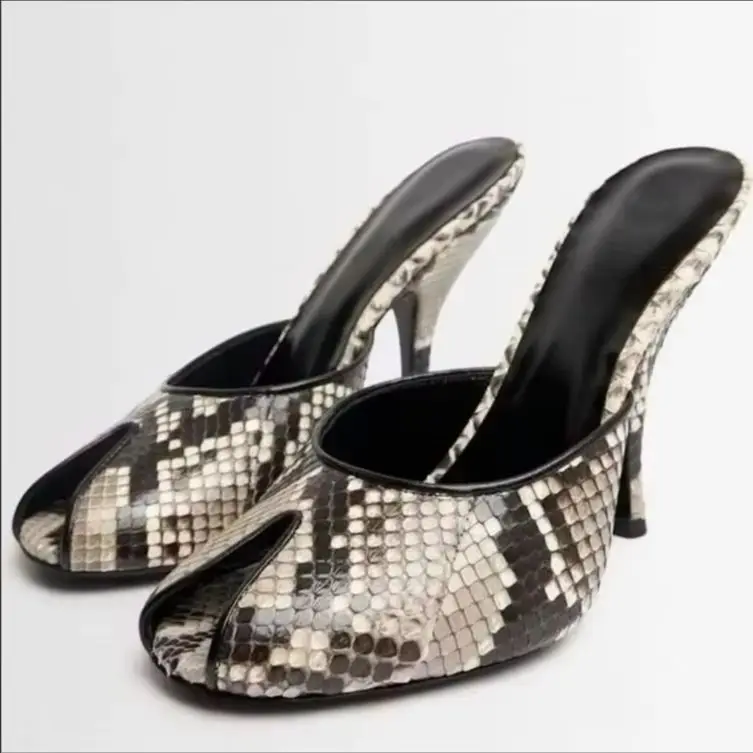 

Women Snakeskin Print Leather Slippers Fashion Peep Toe Thin Heel Slip-On Slides for Summer Casual Mules Sandals
