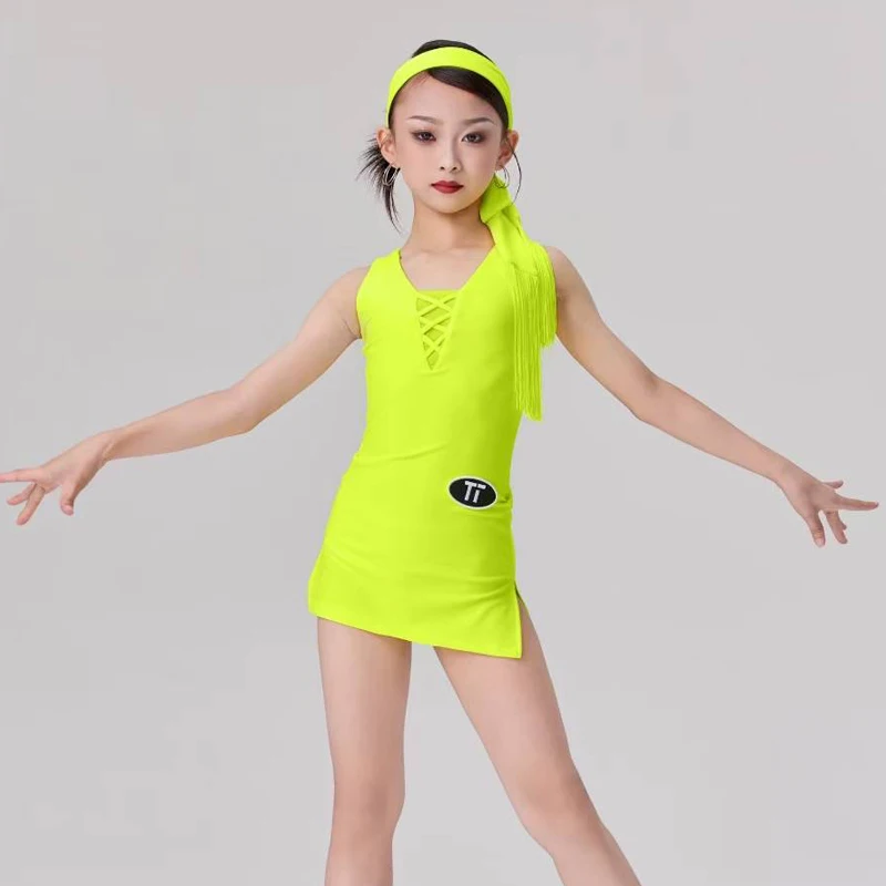 Robe de concours de danse latine sans manches, 4 couleurs, pour filles, Rumba, robes de spectacle de danse latine, Costumes de danse pour enfants SL13402