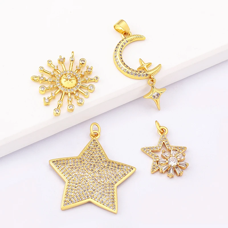 Handmade Decorations Cubic Zirconia Star Moon Flowers Charms DIY Needlework Fashion Gold Charms Pendant Jewelry Making