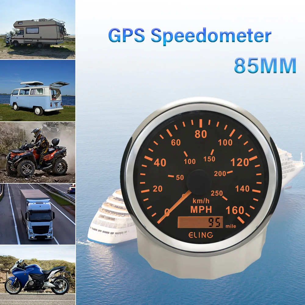 ELING Universal 85mm GPS Speedometer 0-40MPH 0-80MPH 0-160MPH Odometer with Backlight 12V 24V for Truck Car Yachts