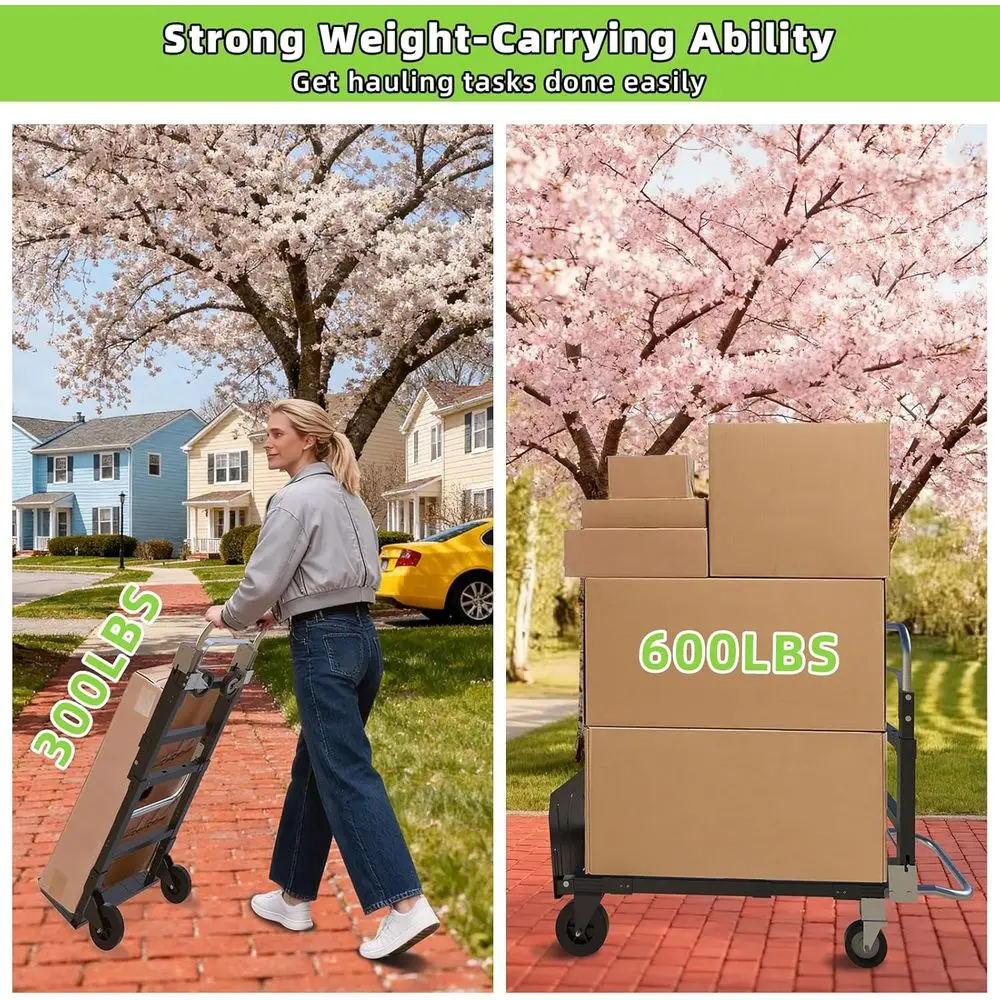 Carrinho utilitário dobrável 3 em 1, carga de 600 libras, carrinho dobrável durável com alça telescópica e 4 rodas de borracha para casa, fora