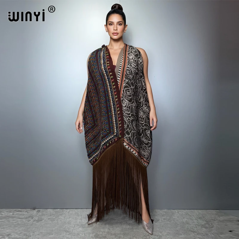 WINYI Cárdigan plisado con flecos para mujer, vestido bohemio estampado, caftán, ropa de playa de lujo, abaya, Dubái