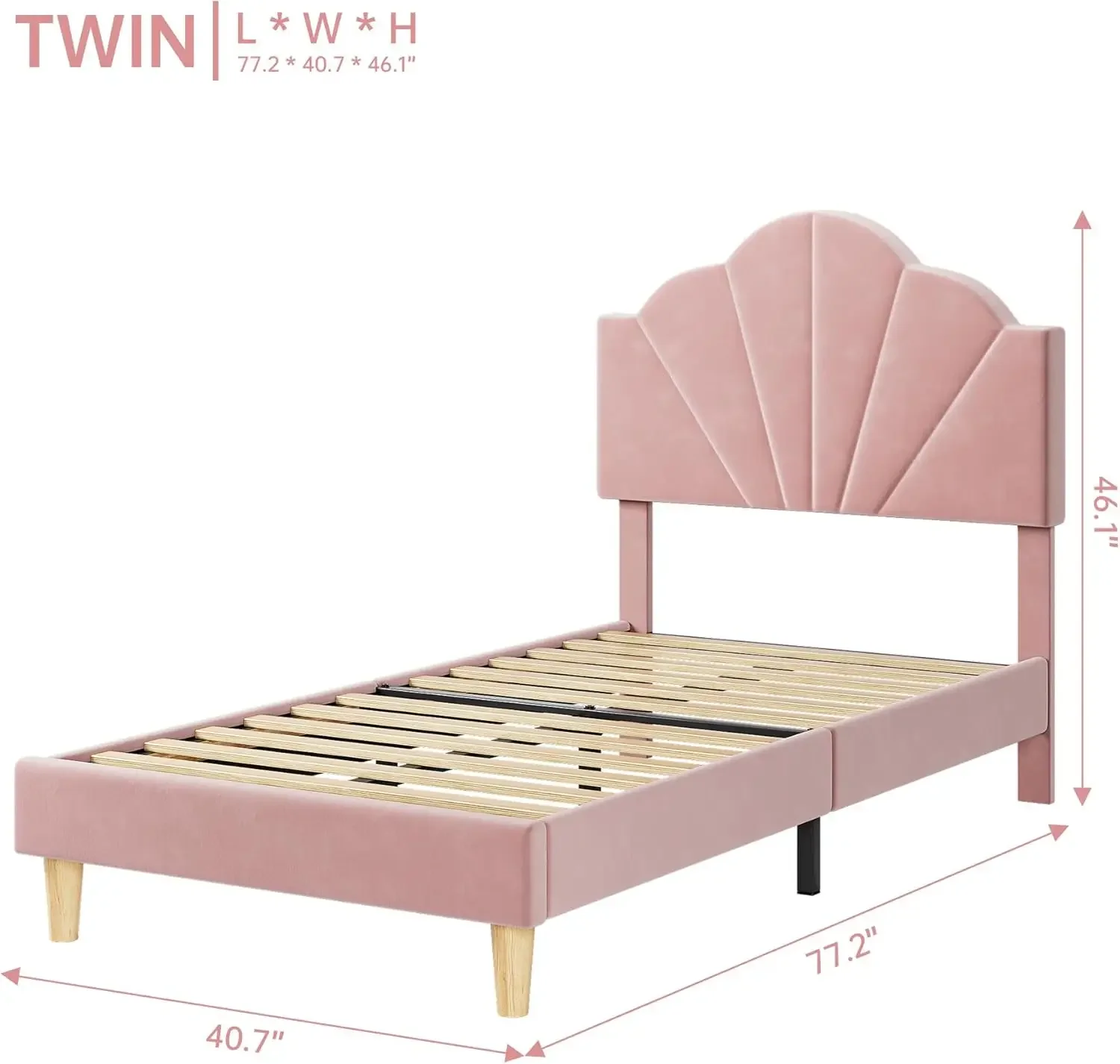 Velvet Upholstered Bed Frame with Height Adjustable Headboard, Girl Twin Bed Frame with Strong Wood Slat Support and Metal Frame