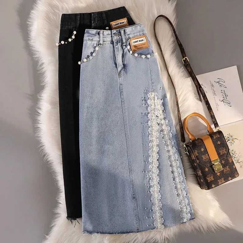 New Denim Skirt Women\'s Summer High Waist Long Cover Hip Thin Nail Bead Slit A line Package Hip Skirts Fashion Female Skirts 3XL