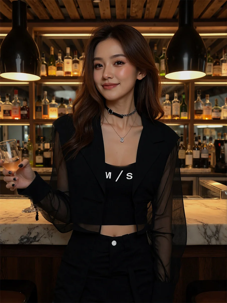 Sun-proof Cropped See-through Back-Slit Blazers Elegant Woman Clothes For Women Ruffles Split-Side Washed Single-Row Dark Tender