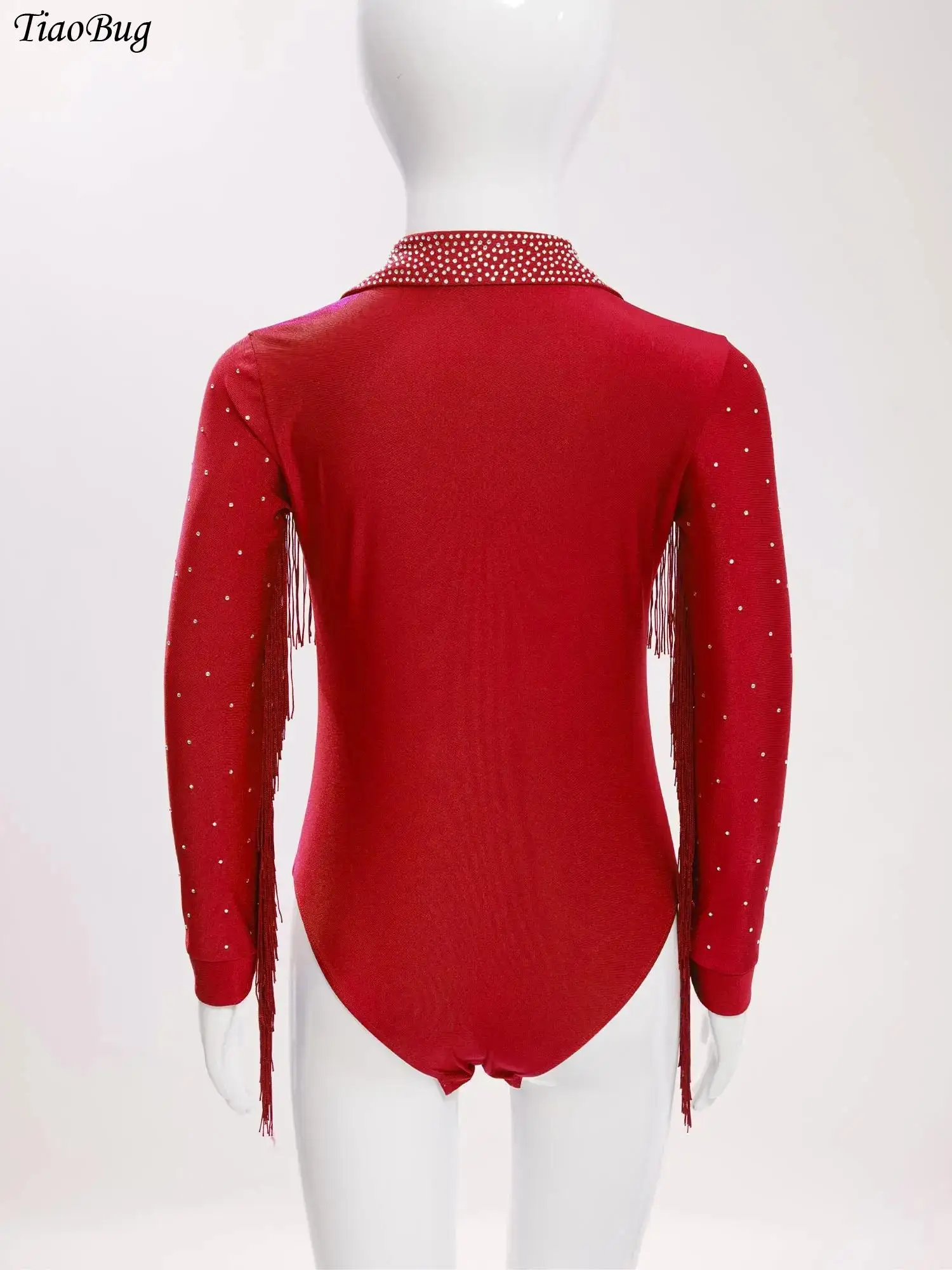 

Kids Boys Girls Latin Dance Bodysuit Long Sleeve Shiny Rhinestones Tassel Leotard for Tango Jazz Dance Performance Competition