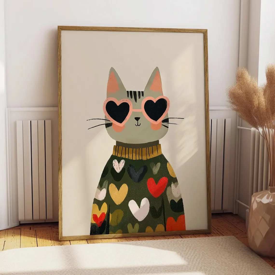 Charming Heart Cat Wall Art - Cute Print Celebrating Feline Style. The Soft Beige Backdrop and Vibrant Heart Motifs Create a War