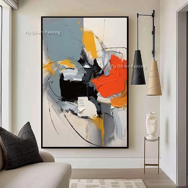 

Simple Abstract Blue Beige Black Artwork Original Deisgn Red Grey Oil Painting Large Handmade Blue People By The Sea View Art