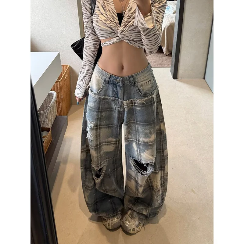 American Ripped Plaid Scimitar Jeans, Women's Summer New Arrival High Waist Loose Wide Leg Pants, Casual Mop Pants Trendy ﻿
