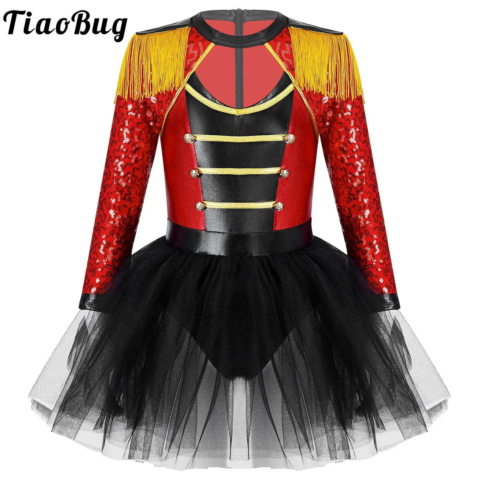 

Kids Girls Circus Ring Master Deluxe Halloween Cosplay Costume Performance Shiny Sequin Tutu Dress Magician Garment Outfits