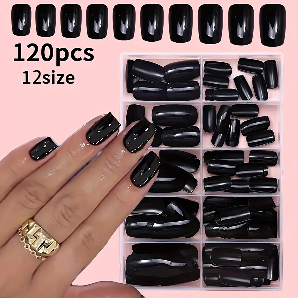 

120pcs Black Short Square Acrylic Press On Fake Nails Glossy Simple Wearable French Tips 12 Sizes Full Cover Women False Nails#_